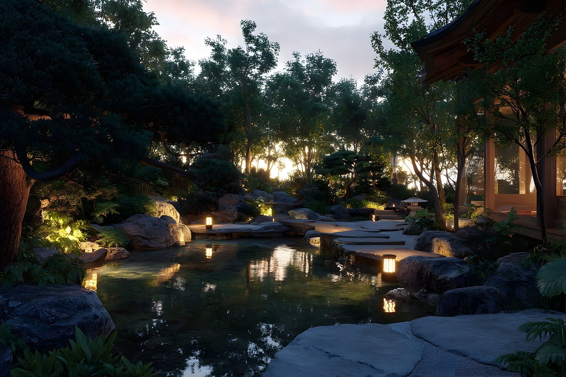 Serene garden pond at dusk with rocks, trees, and warm lights reflecting on the water