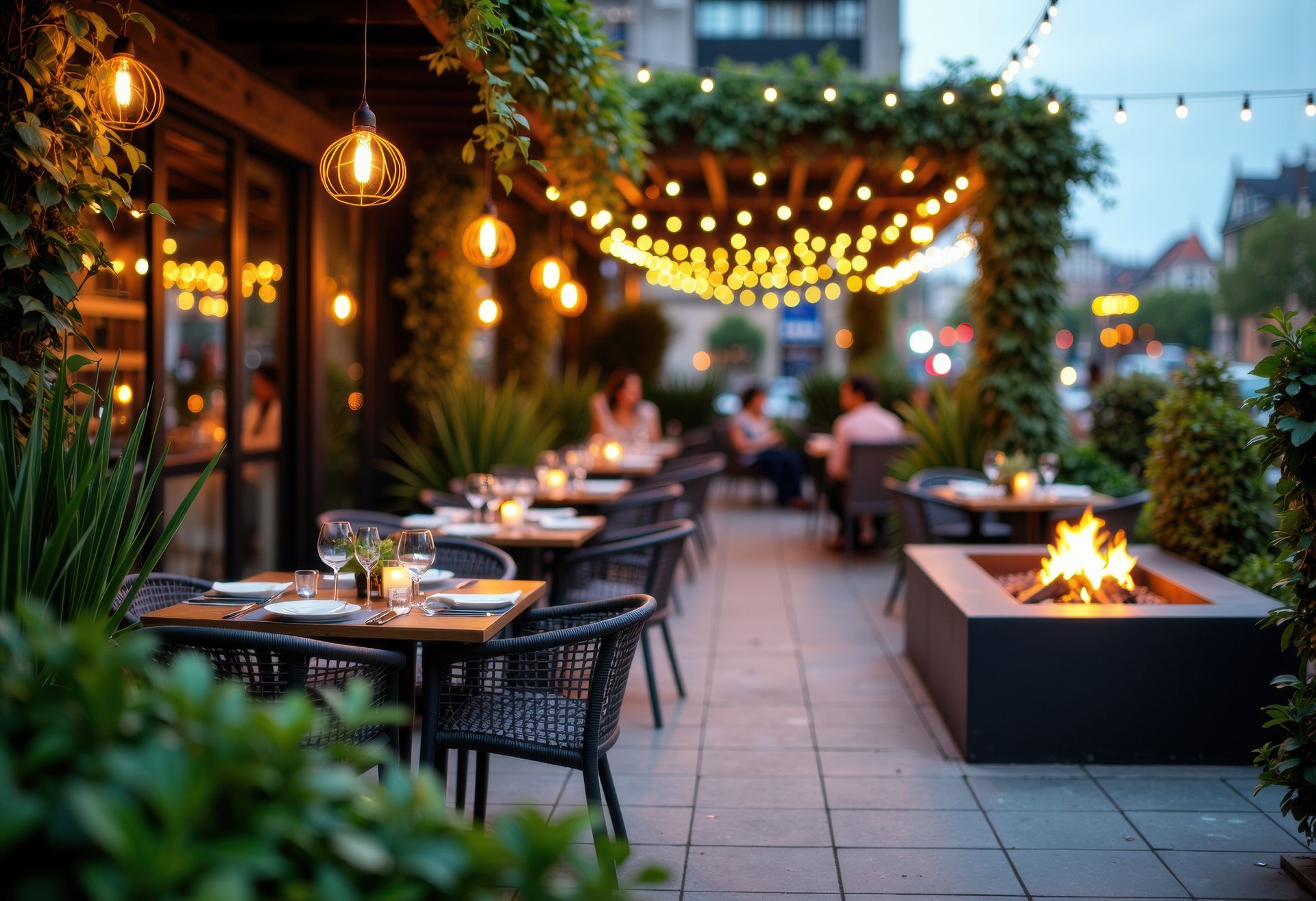 String-lit outdoor restaurant patio with set tables, wicker chairs, and a fire pit at dusk