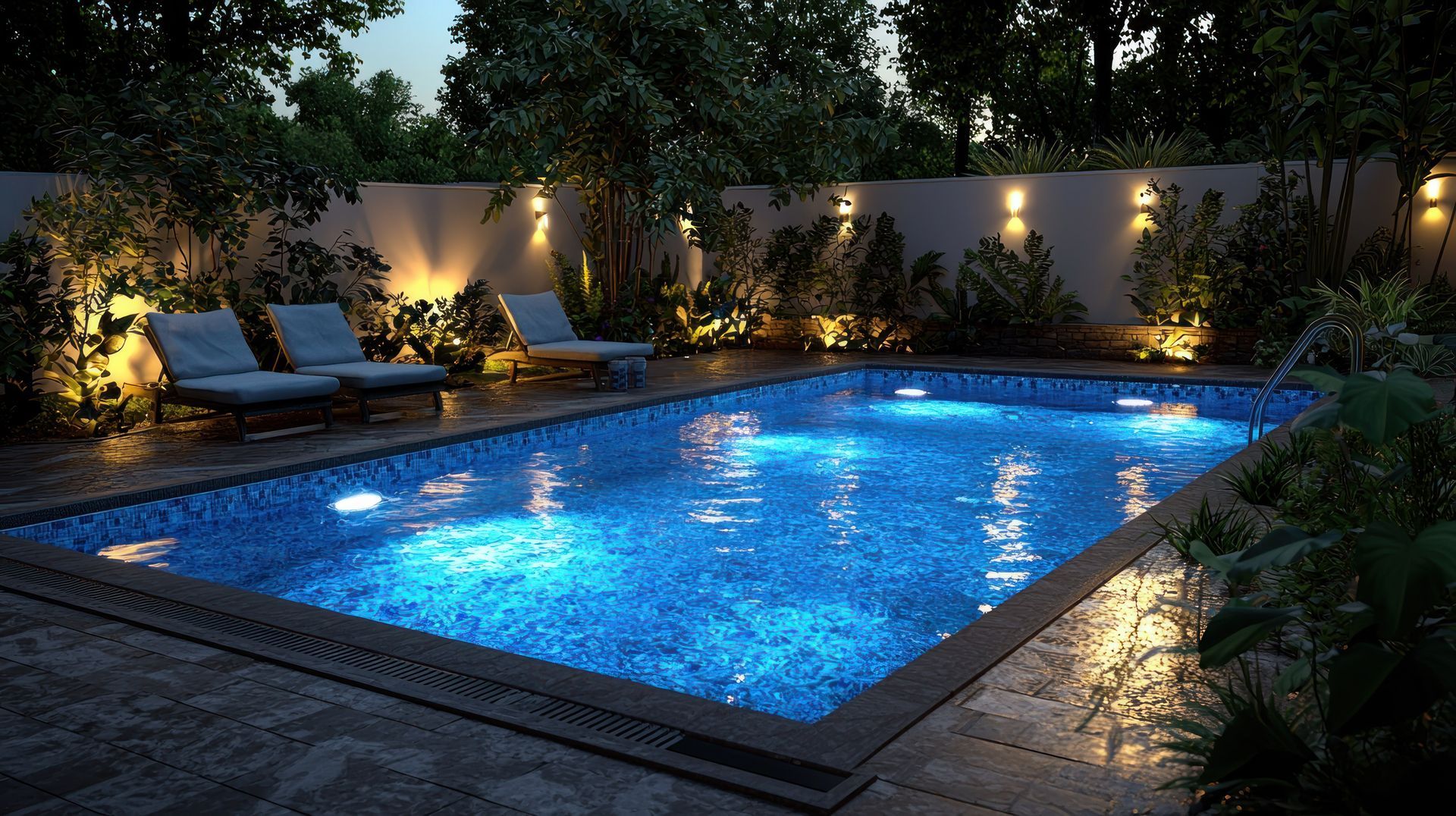 Nighttime backyard pool with glowing blue water, lounge chairs, and surrounding garden lights