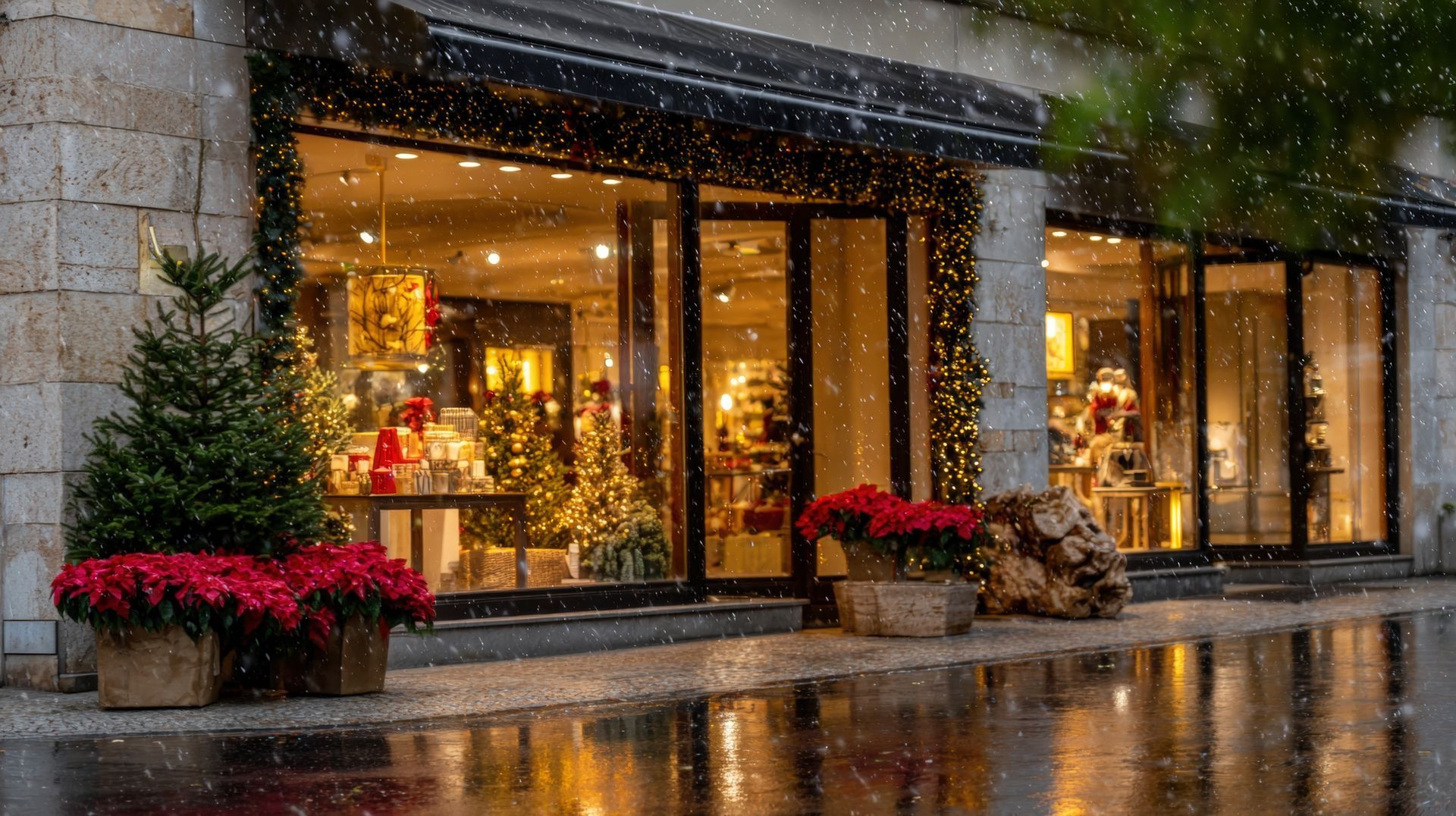 A shopfront decorated for Christmas, with Christmas trees and red poinsettias. Snow is falling, reflecting on wet pavement.