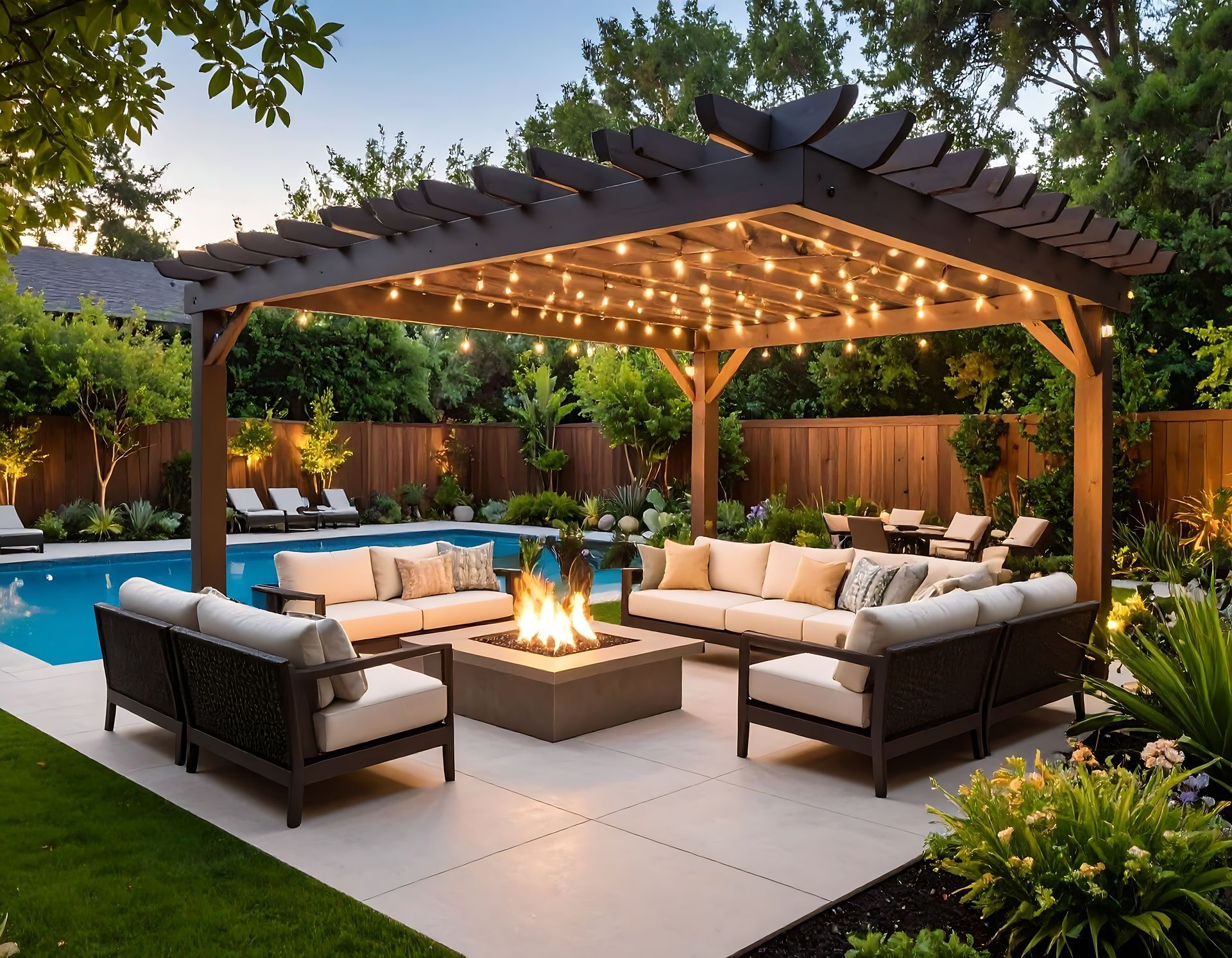 Covered patio lounge with string lights, outdoor sofas, and a fire pit beside a swimming pool at dusk