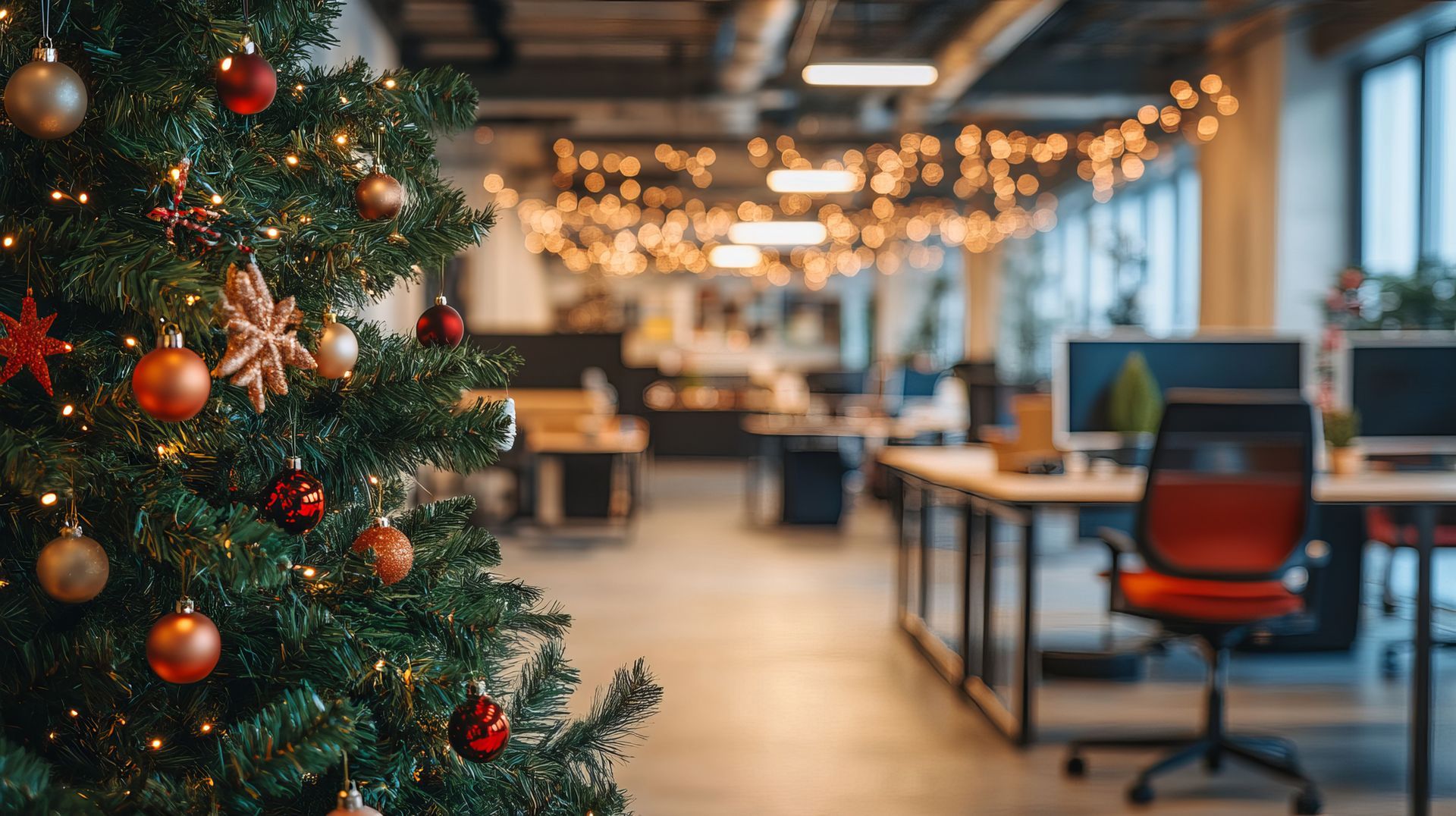 Christmas tree with red ornaments in a modern office decorated with warm lights and desks in the background