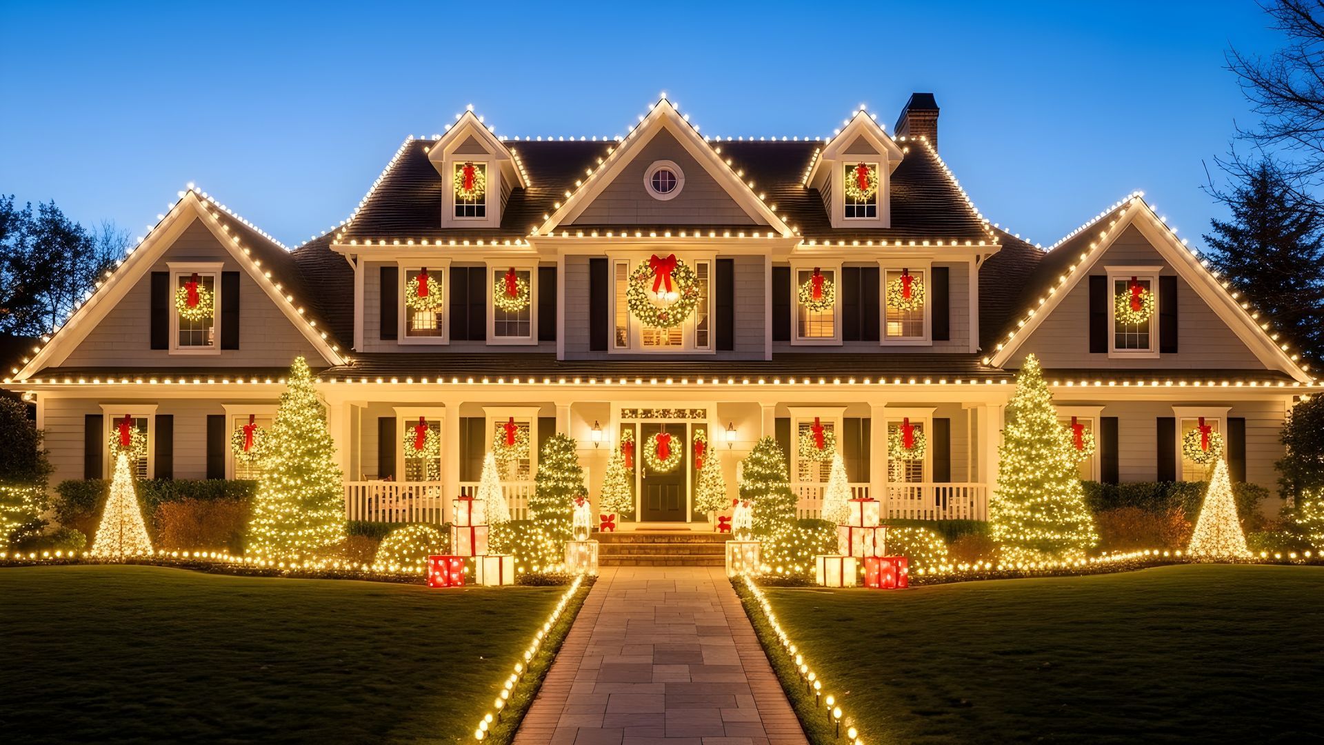 Large house lit with Christmas lights, wreaths, and decorated trees at dusk