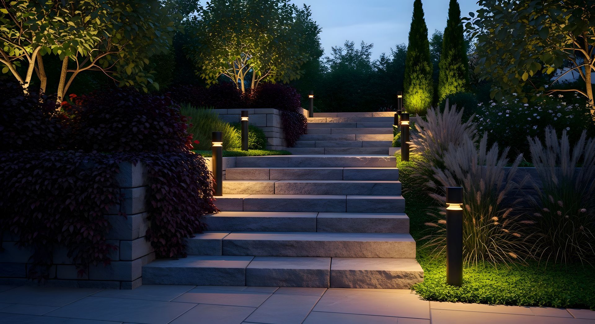 Lit stone steps leading through a landscaped garden at dusk, with small path lights and trees.