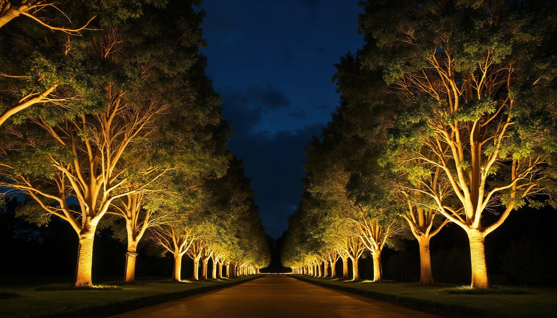 Tree-lined road at night, illuminated by warm golden lights against a dark blue sky.