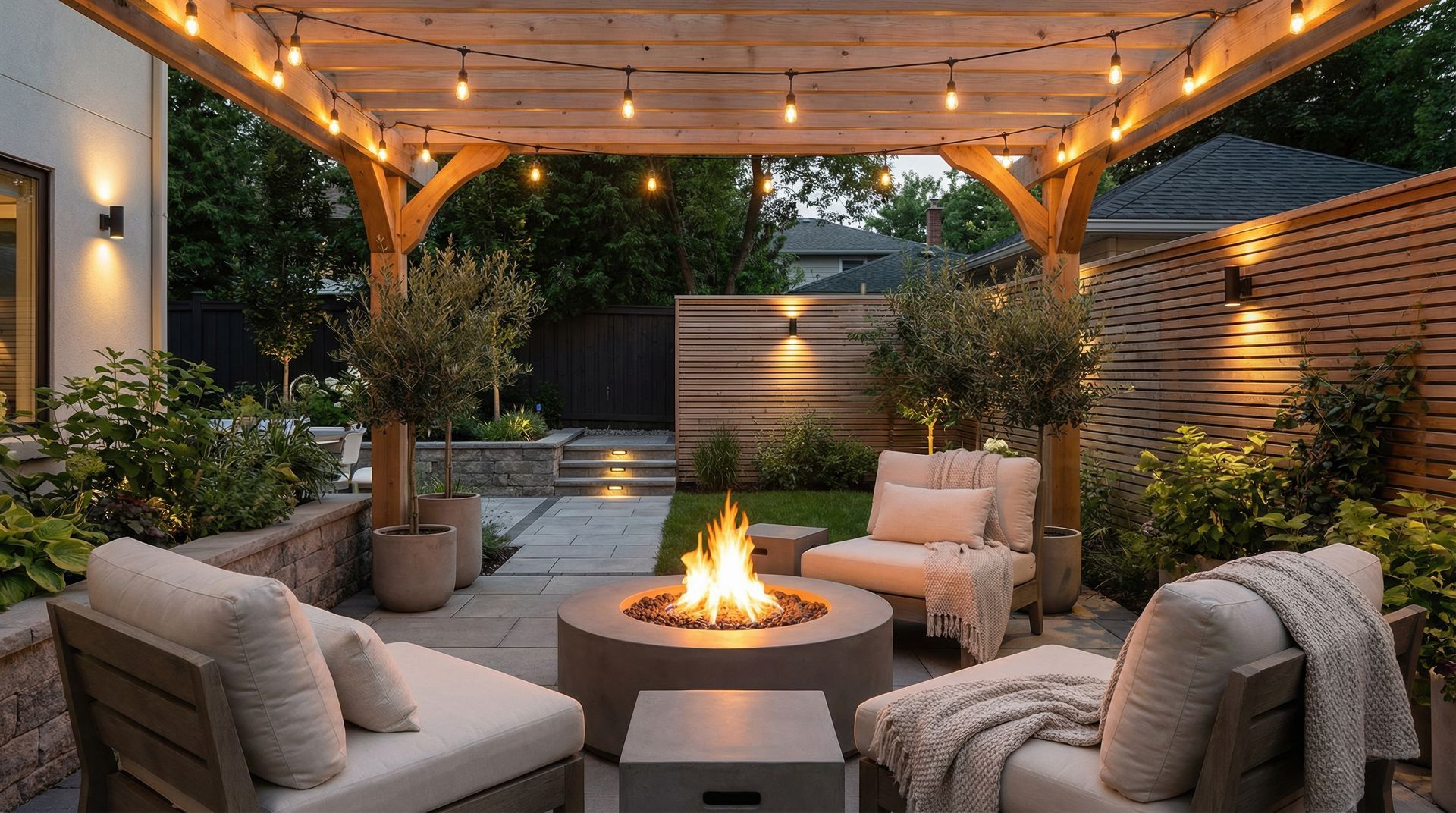 Cozy outdoor patio with cushioned chairs around a fire pit under a lit pergola at dusk