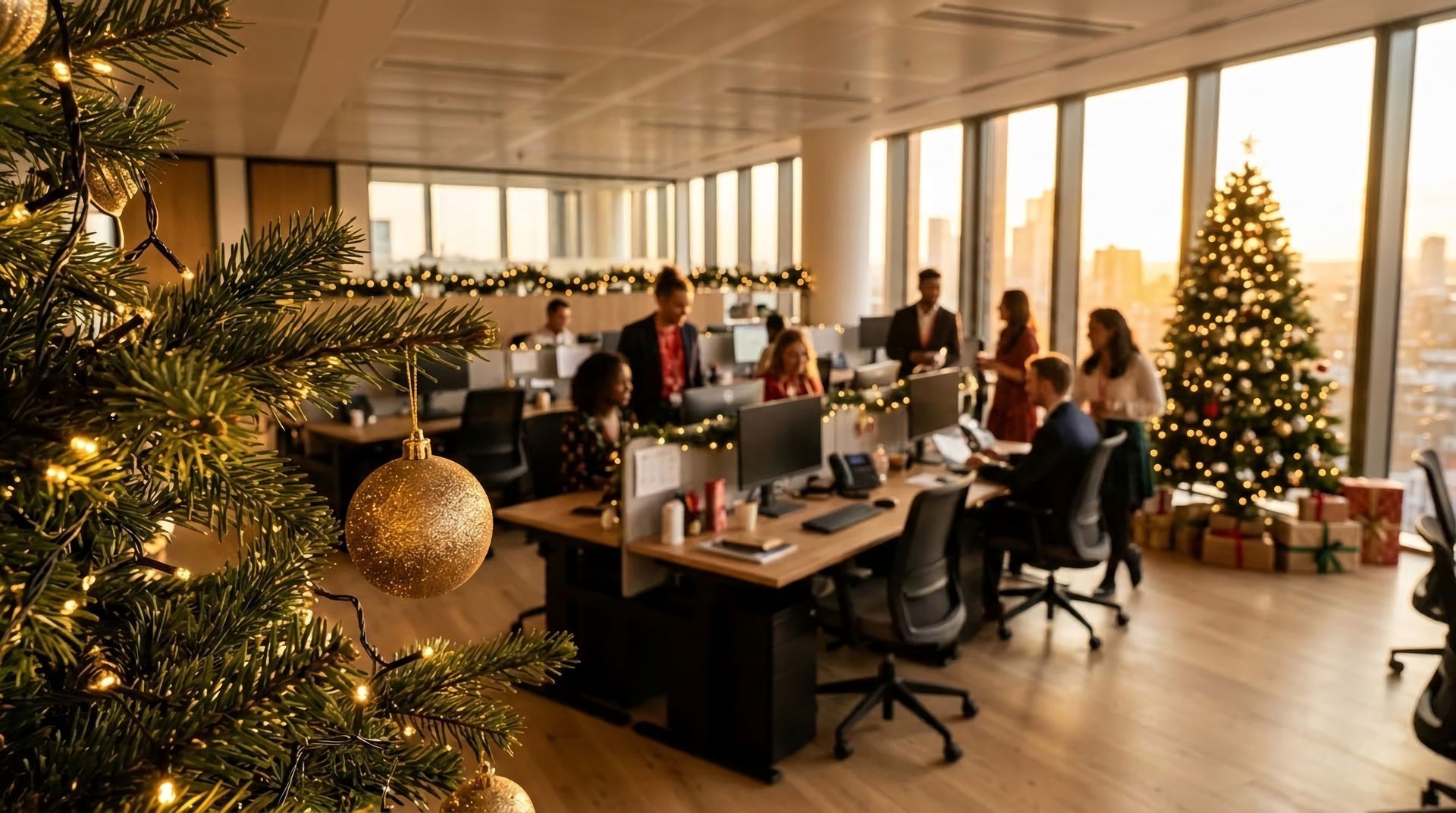 Open office decorated with Christmas trees and lights, people working at desks in warm sunlight