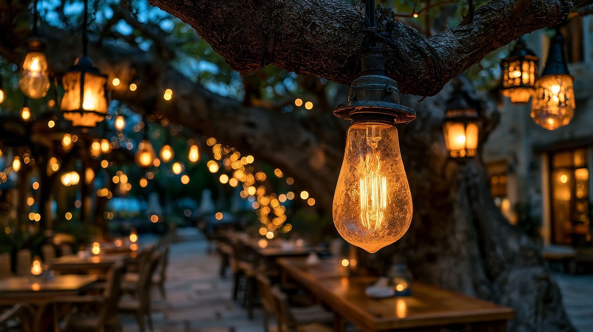 Warm glowing string lights in a tree-lined outdoor dining area at dusk.