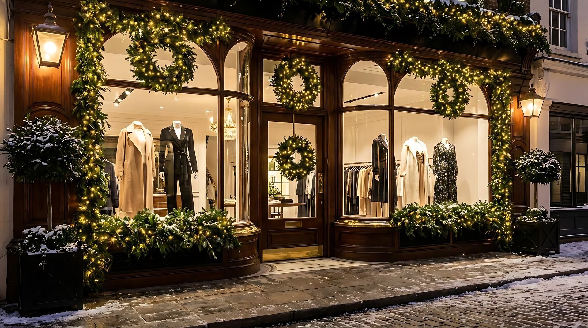 Elegant boutique storefront with warm lights, greenery, and clothing displays along a snowy street