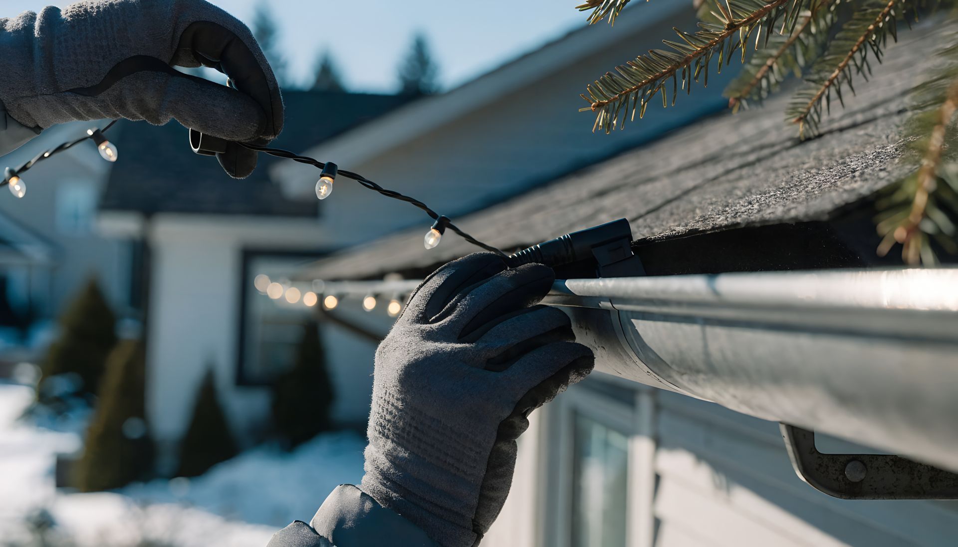 Gloved hands hang string lights along a snowy roofline beside a house