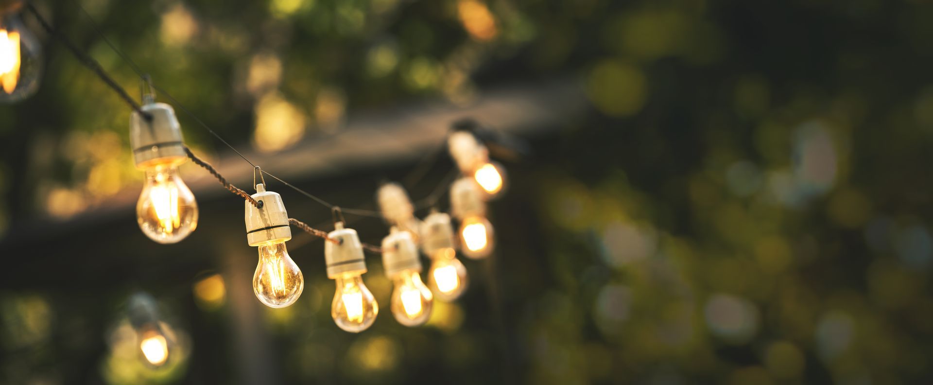 Warm string lights glowing against a blurred green background