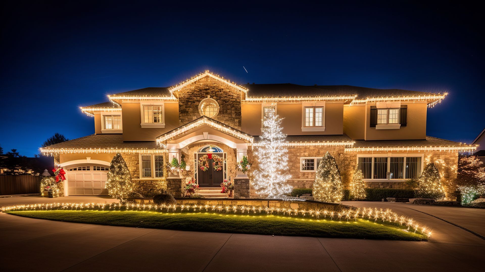 A cozy porch decorated for Christmas with a lit tree, a wreath on the door, and numerous candles glowing on the floor.