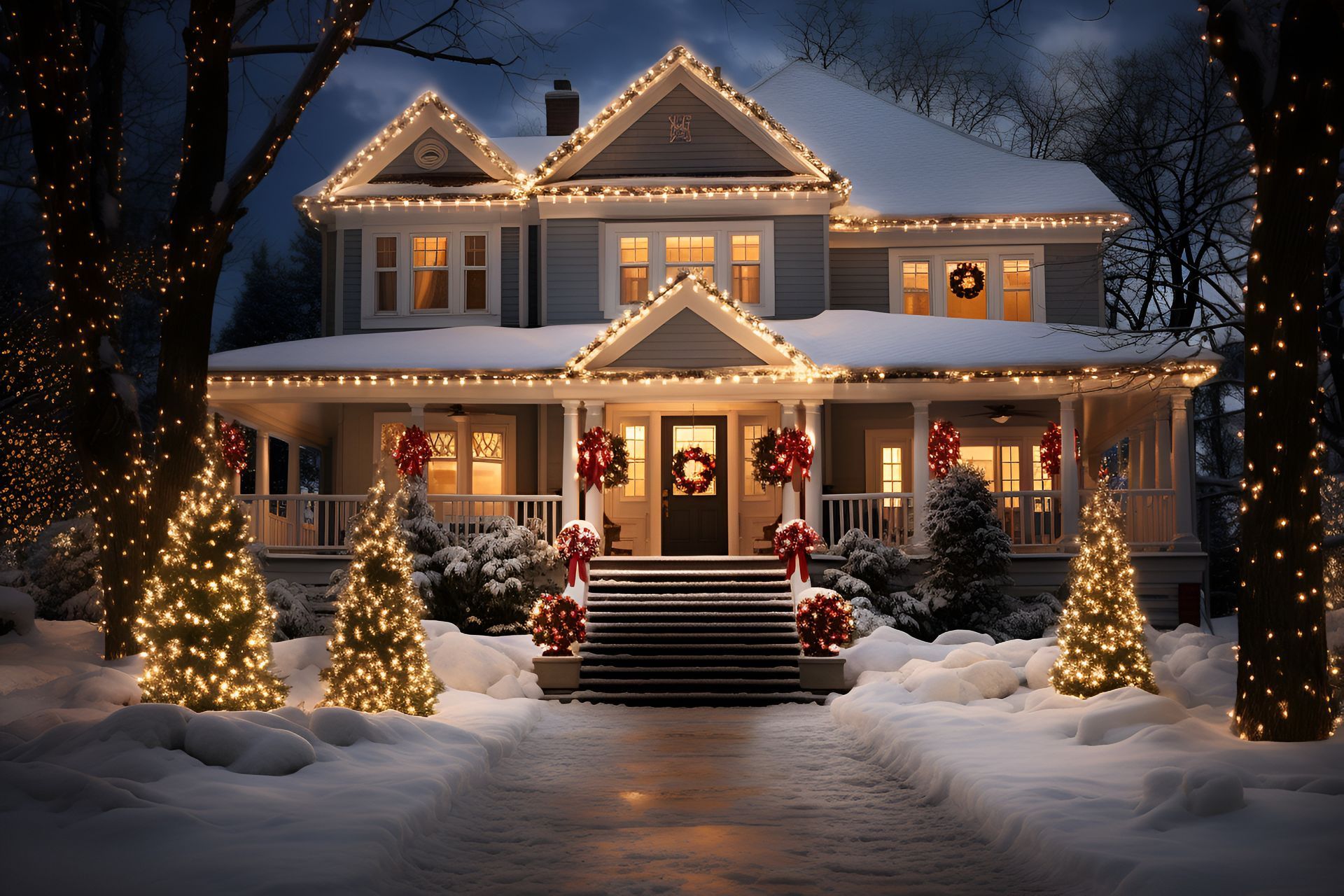 Snowy house at night decorated with Christmas lights and wreaths.