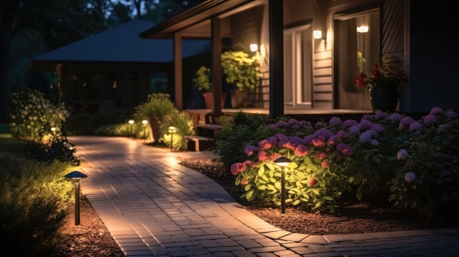 Lit garden walkway beside a house with glowing path lights and pink flowers at dusk