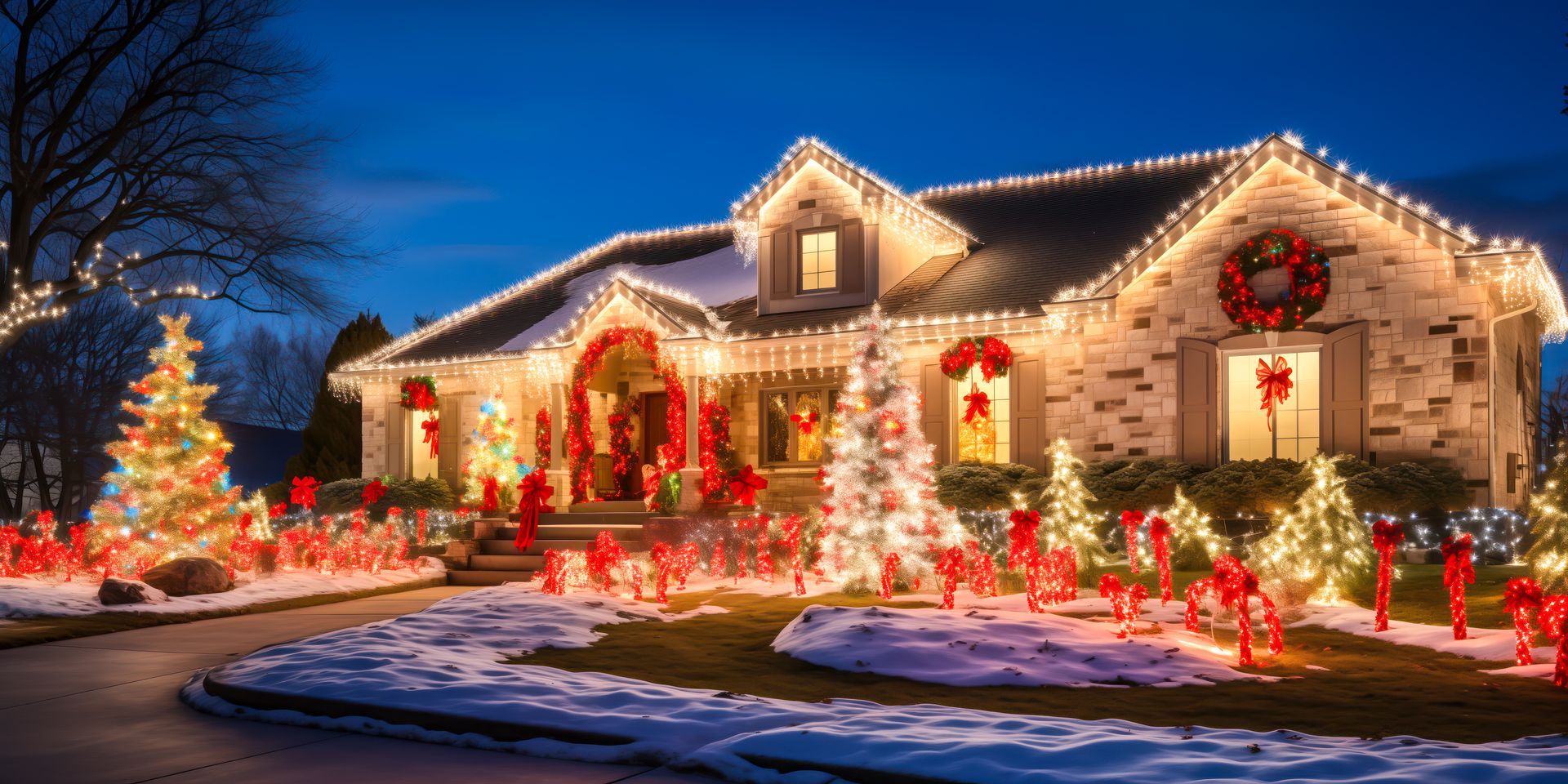 House decorated with colorful Christmas lights, wreaths, and lit trees in a snowy front yard at dusk