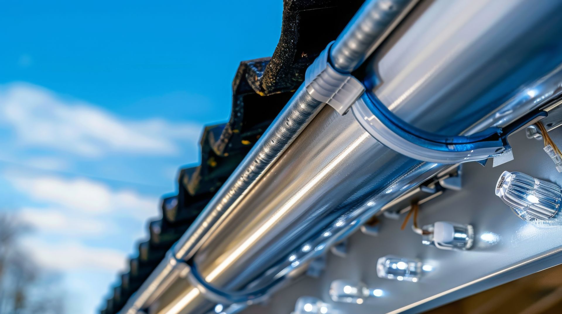 Close-up of shiny metal pipes and fittings against a blue sky