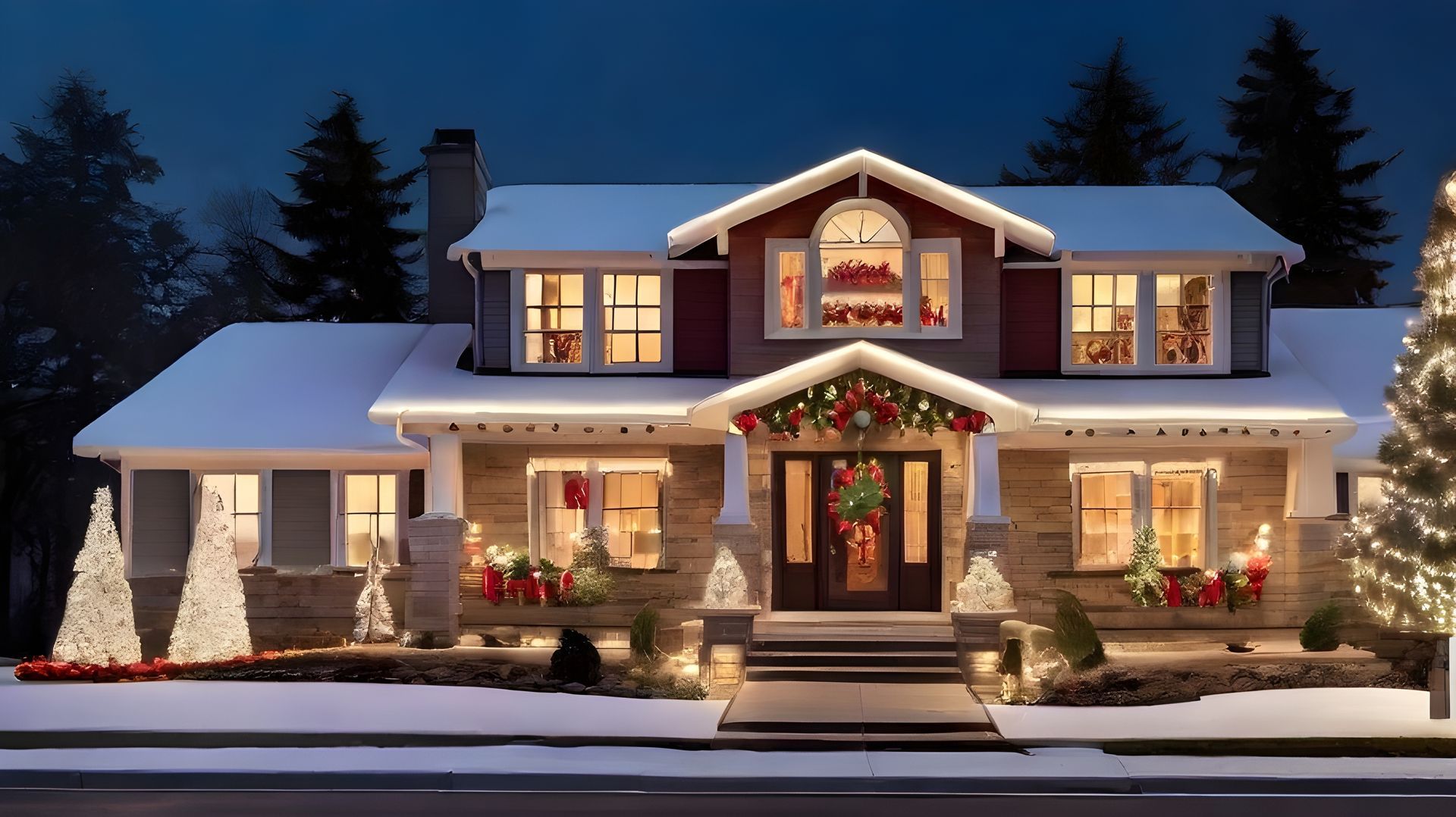 Snowy house at dusk with warm holiday lights, decorated front porch, and lit Christmas trees in the yard