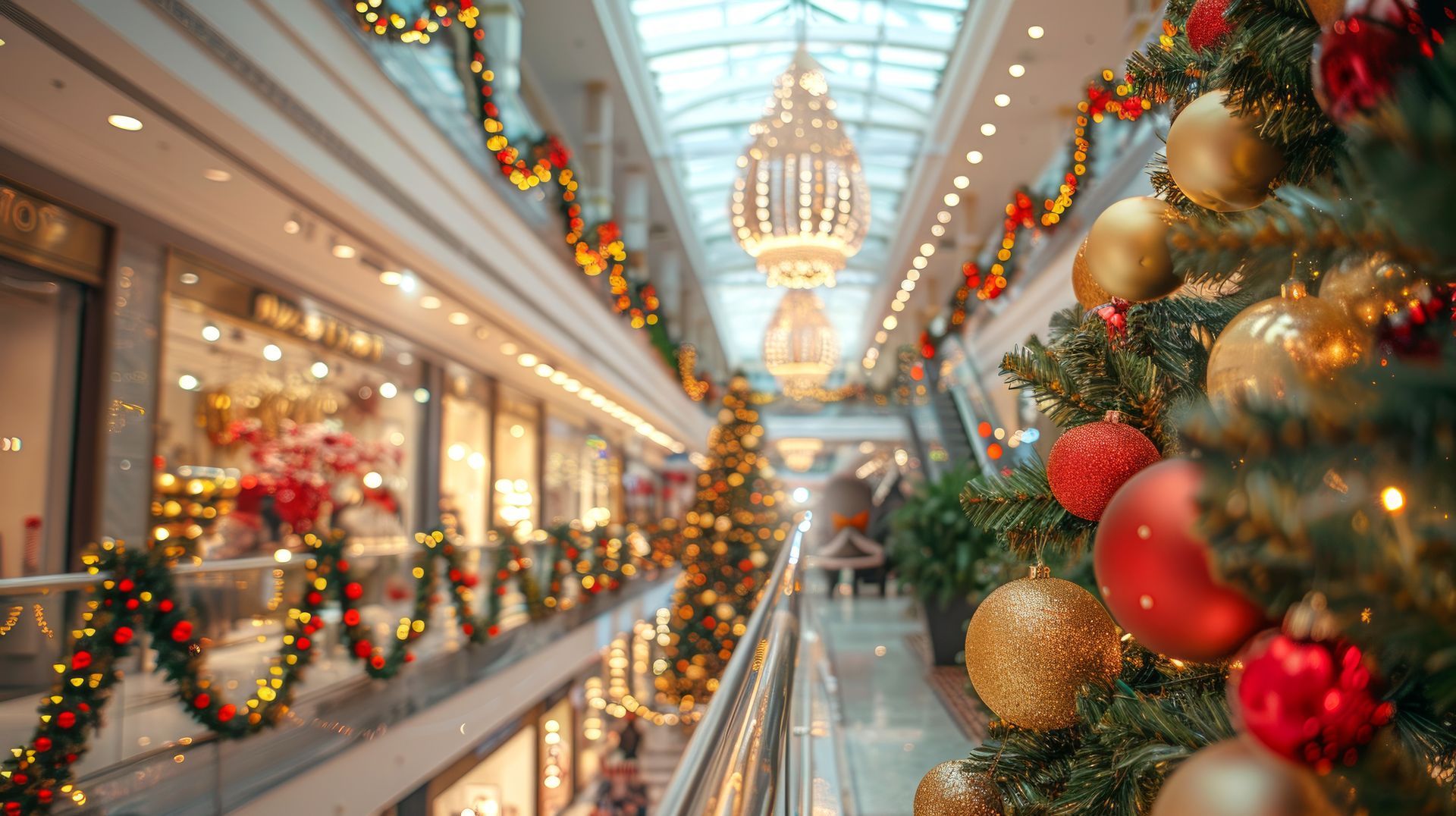 Festively decorated mall interior with Christmas garlands, ornaments, and warm holiday lights under a glass ceiling