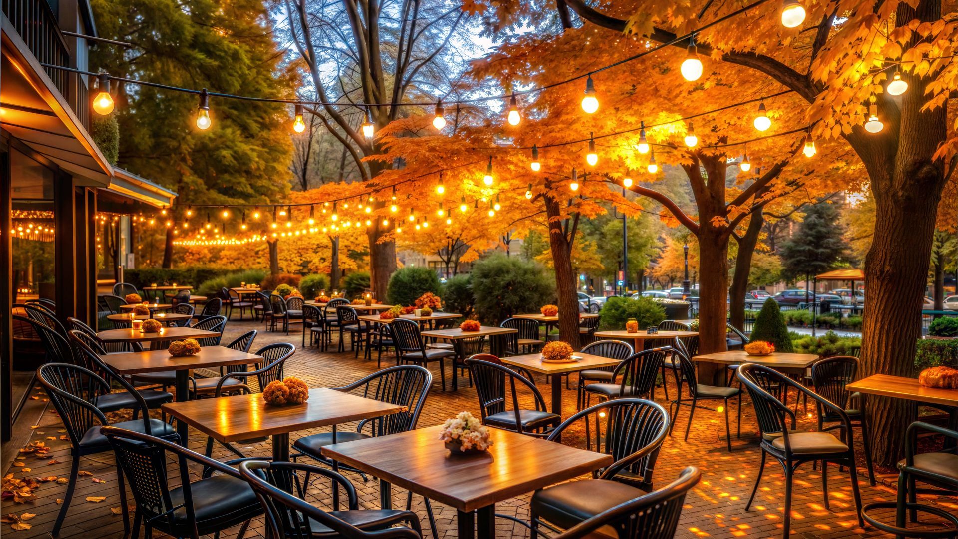 Outdoor cafe patio with string lights, empty tables, and chairs under autumn trees at dusk