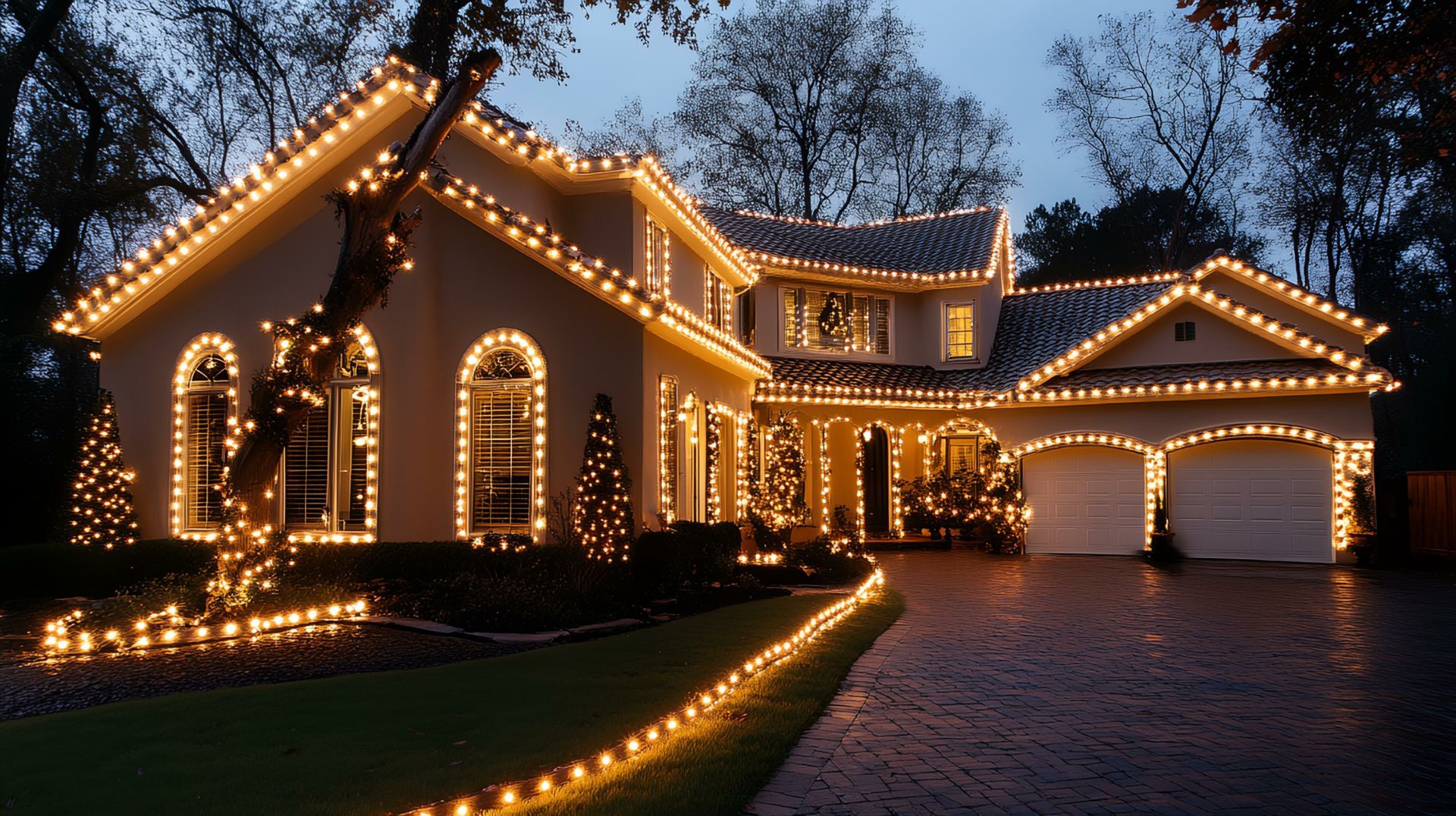 House illuminated with festive yellow Christmas lights along roof, windows, and lawn.
