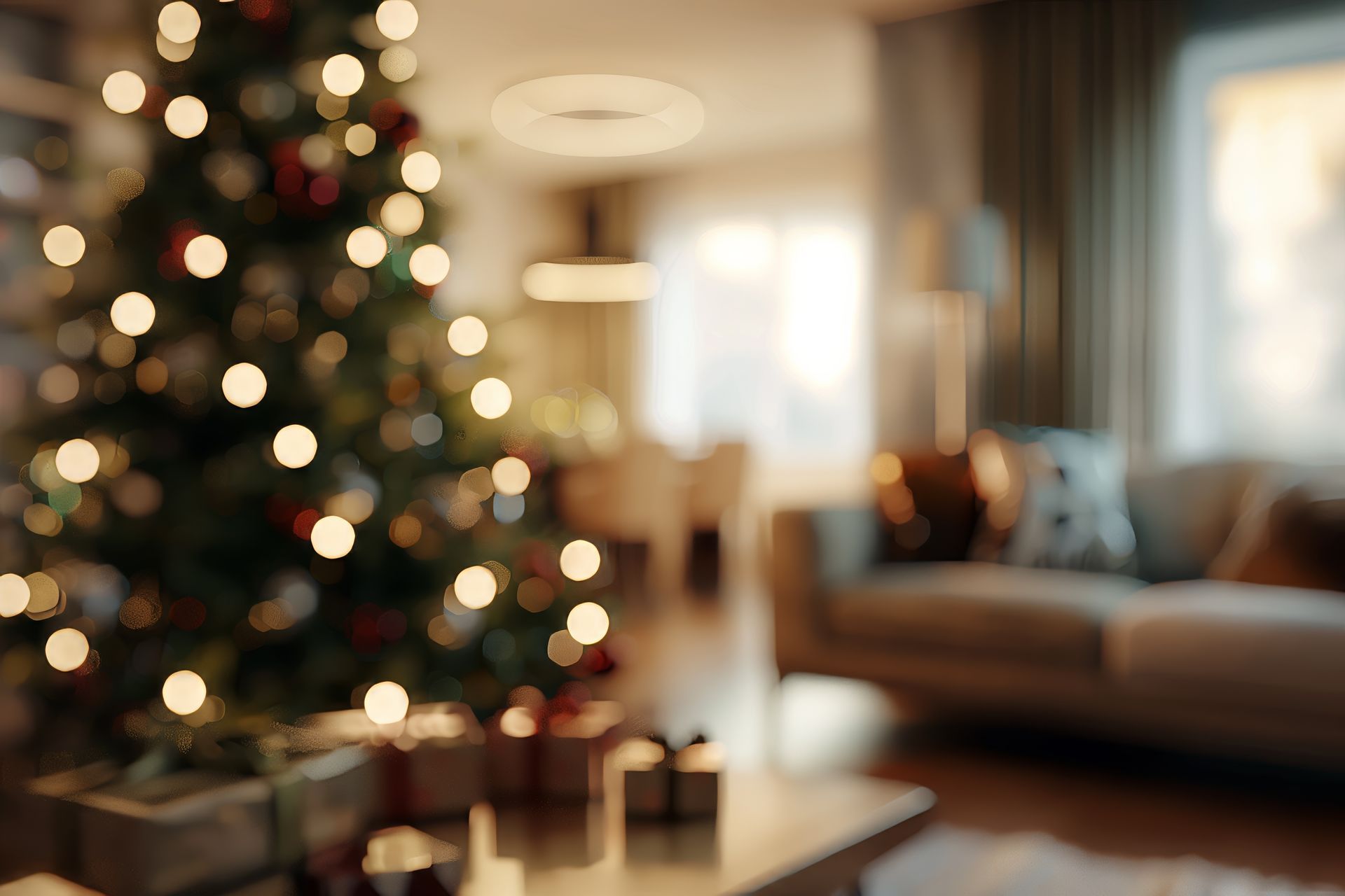 Decorated Christmas tree beside a softly lit living room with a sofa and candles on a table