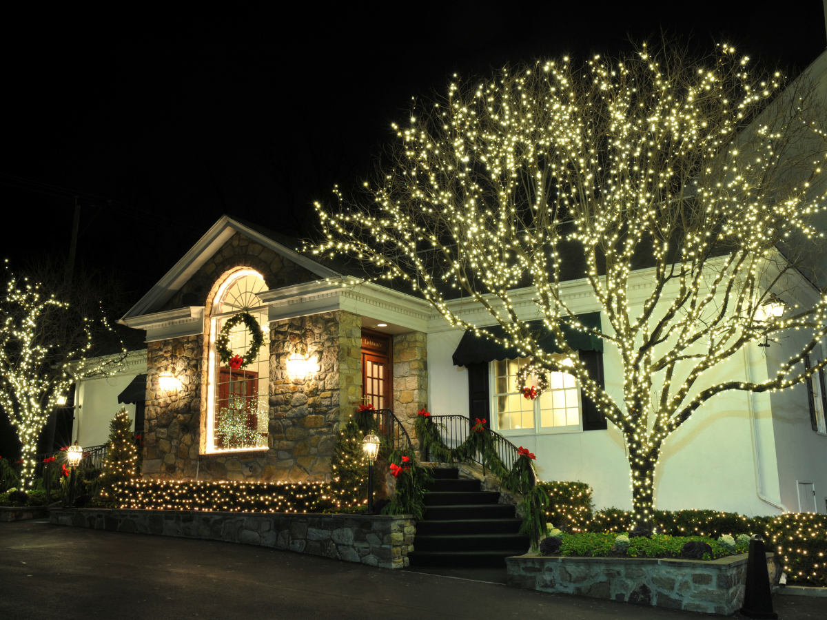 A house is decorated with christmas lights and trees A house is decorated with christmas lights and trees