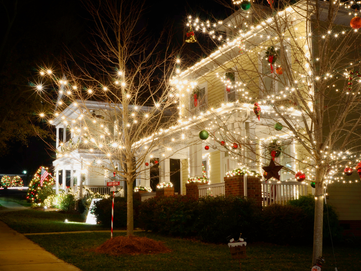 Houses decorated with Christmas lights at night.