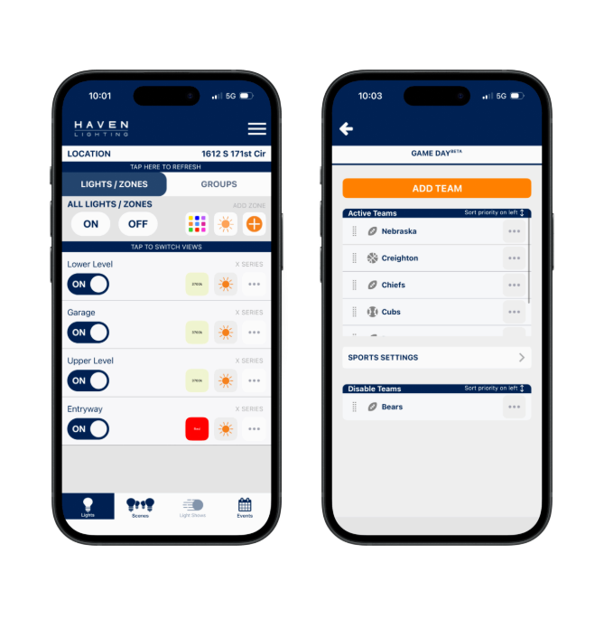Two smartphone app screens for home lighting controls, with toggles and a room list on blue-and-white interfaces
