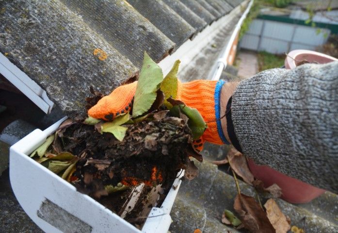 Gloved hands removing a clump of wet leaves and debris from a roof gutter beside a brick wall