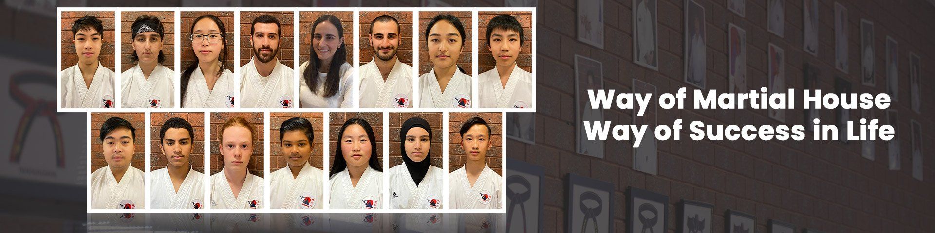 Group of martial arts students, wearing white uniforms, posing together. Text: 