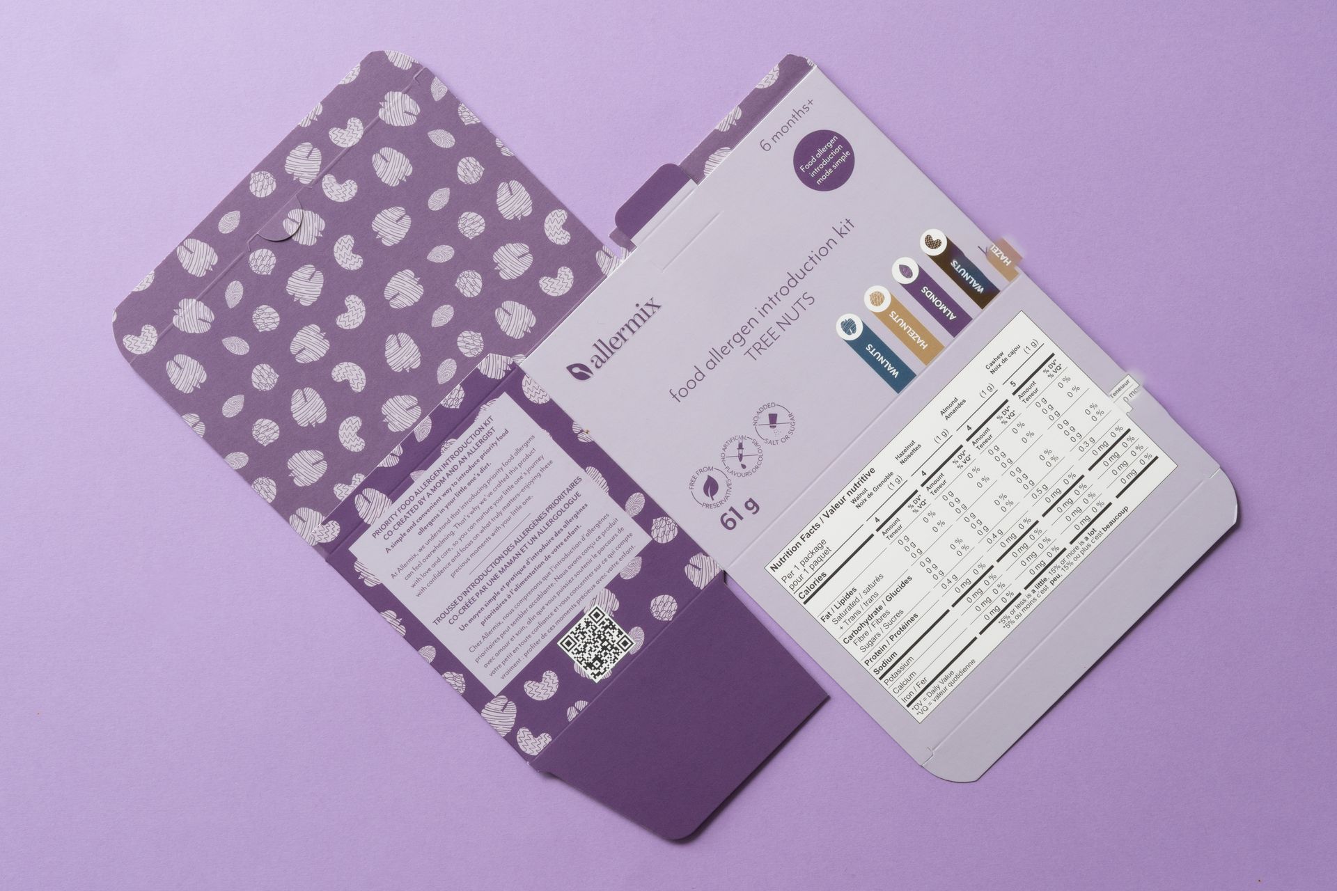 Purple product packaging set with floral-patterned boxes and labels arranged on a lavender background