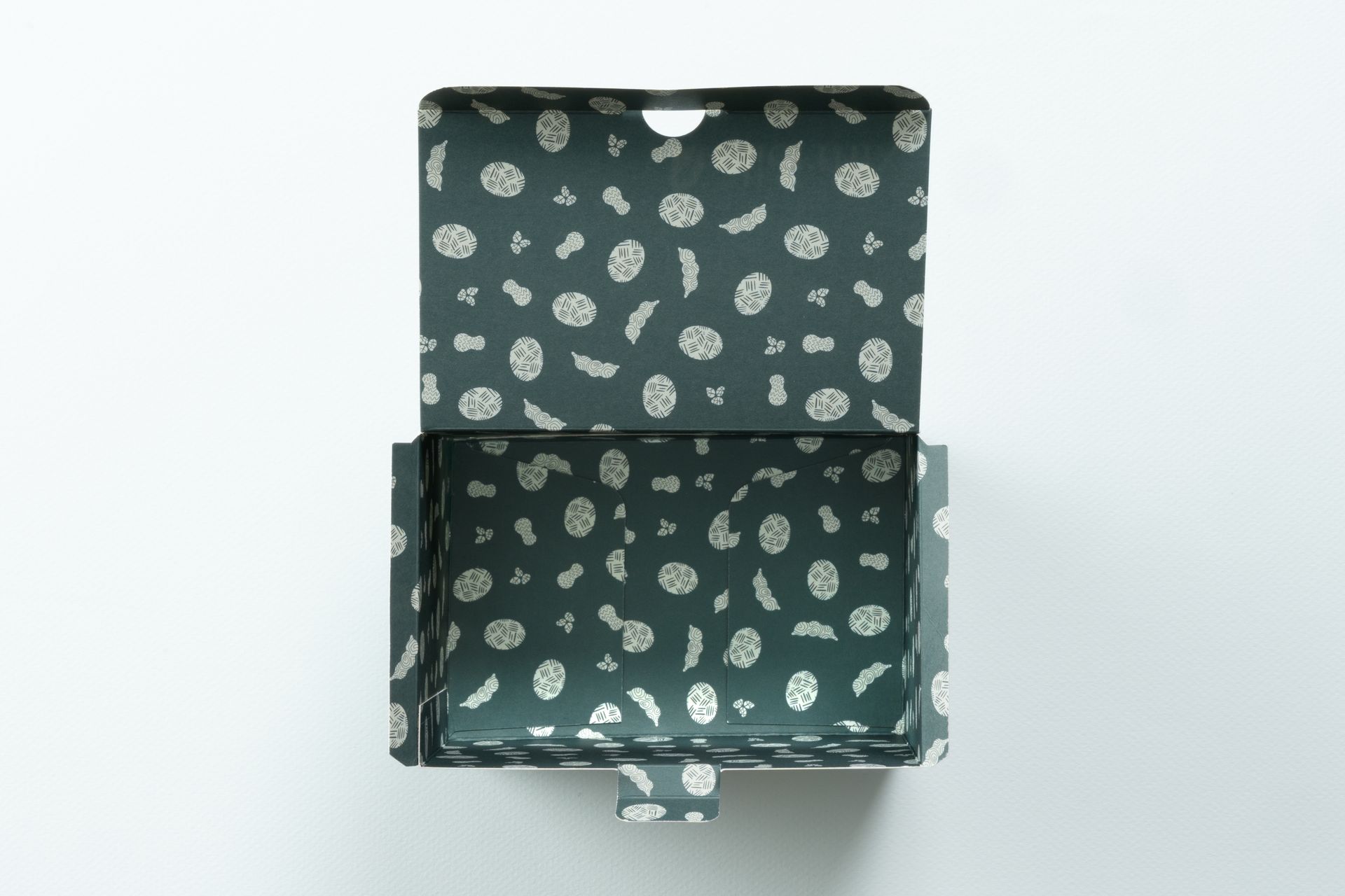 Four folded teal and gray packaging boxes with botanical patterns and labels laid out on a light background