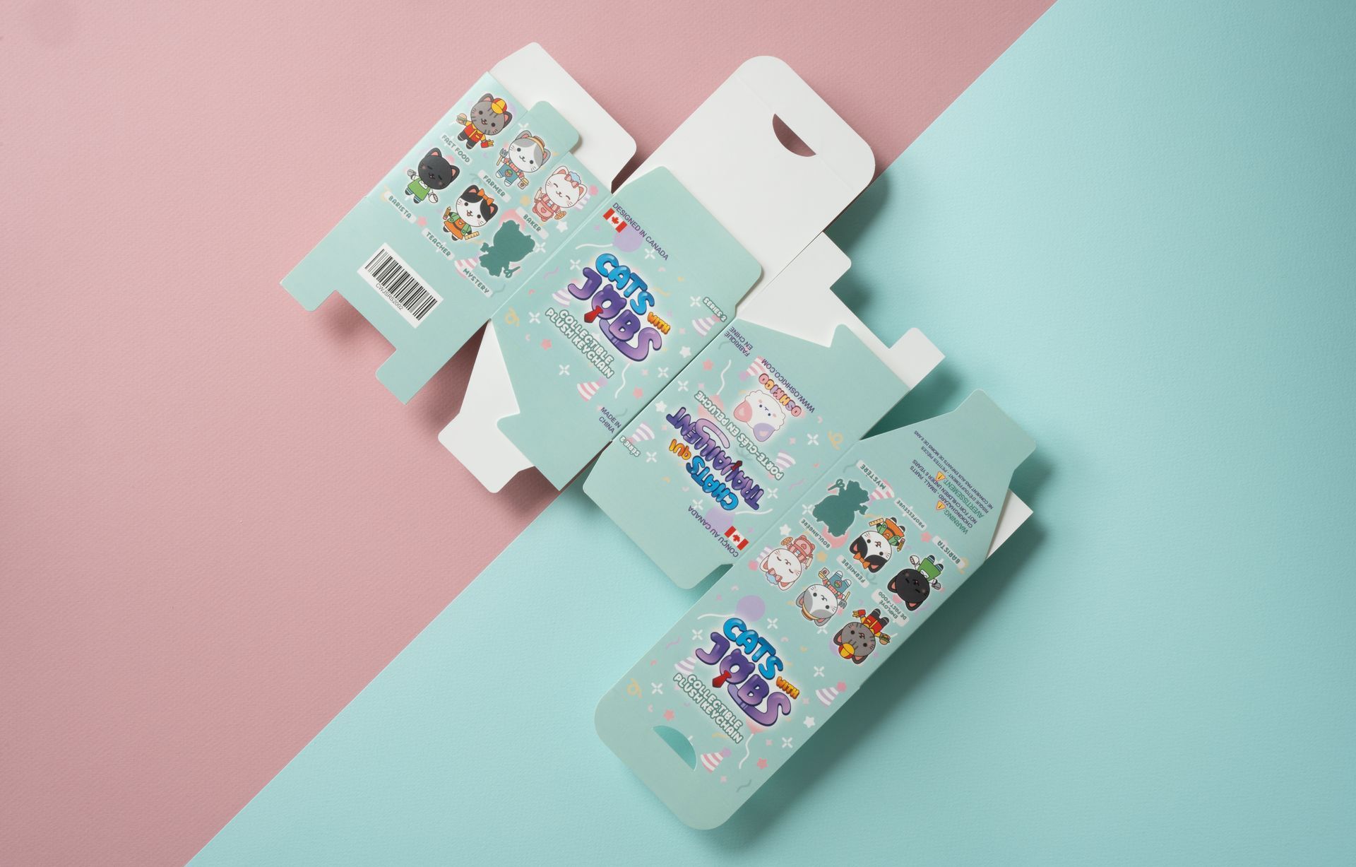 Pastel gift boxes and packaging on a pink and mint background