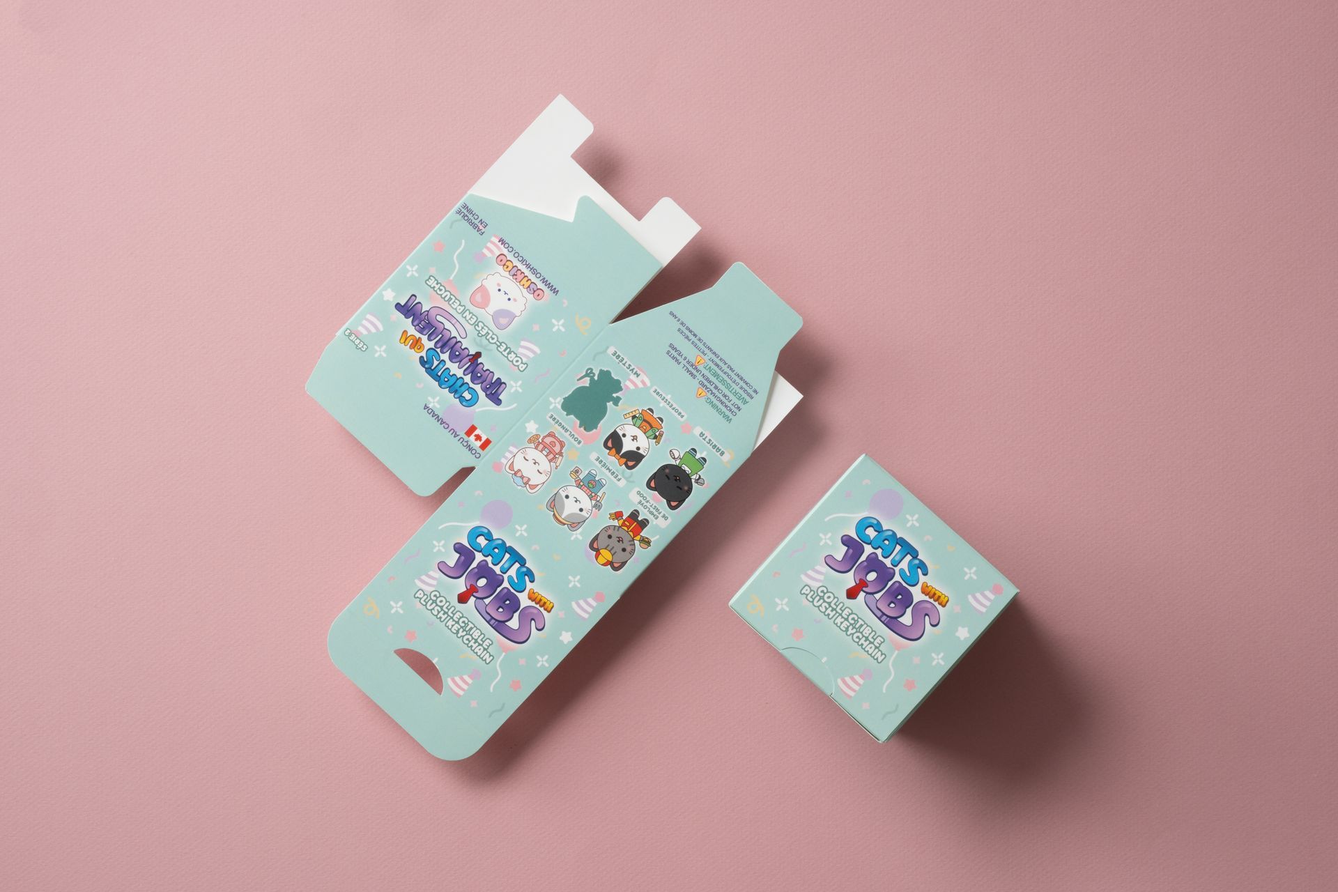 Pastel blue and pink folded brochure with colorful graphics on a pink background, plus a matching card.