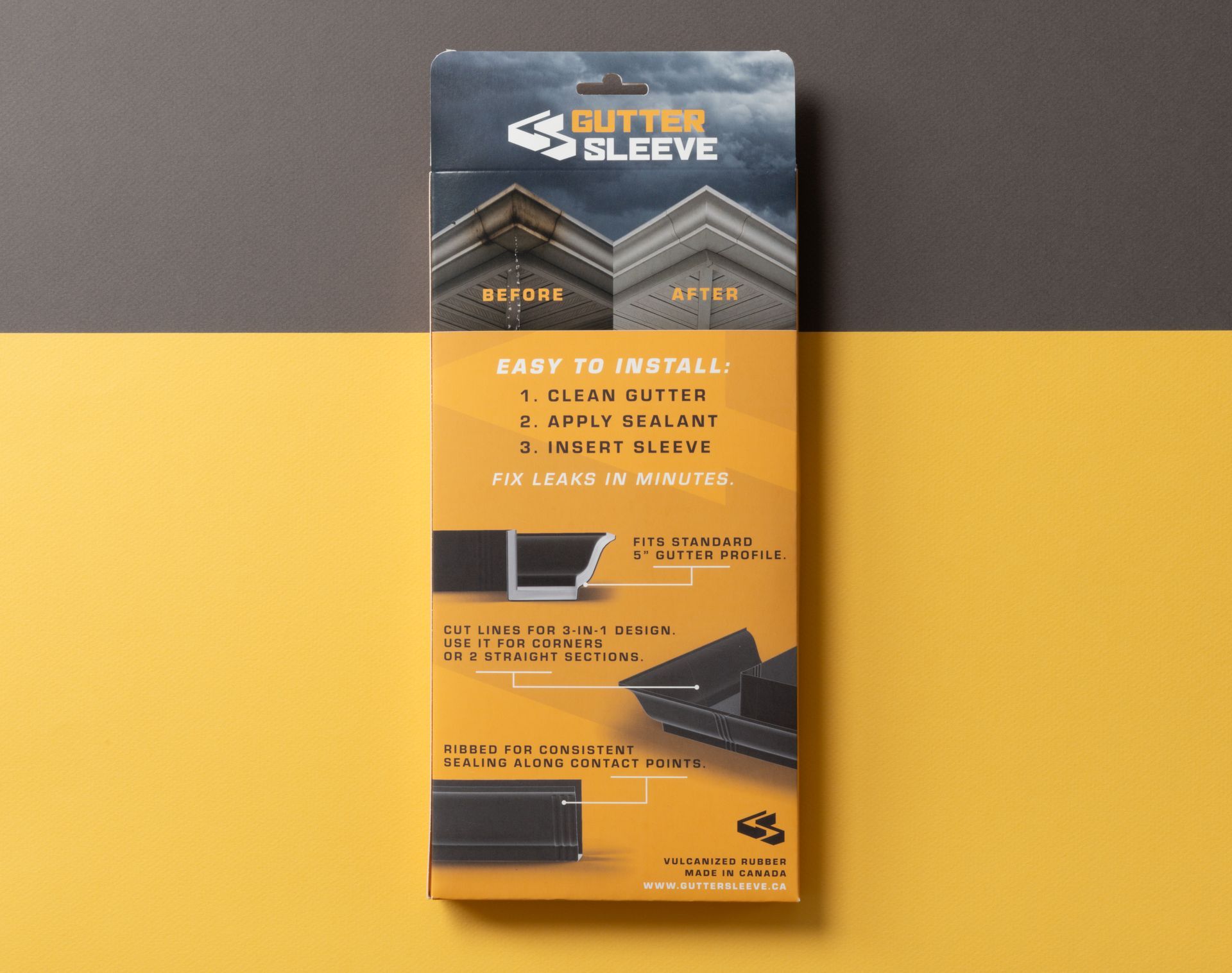 Black and yellow product box for a car roof gutter clamp system on a yellow surface