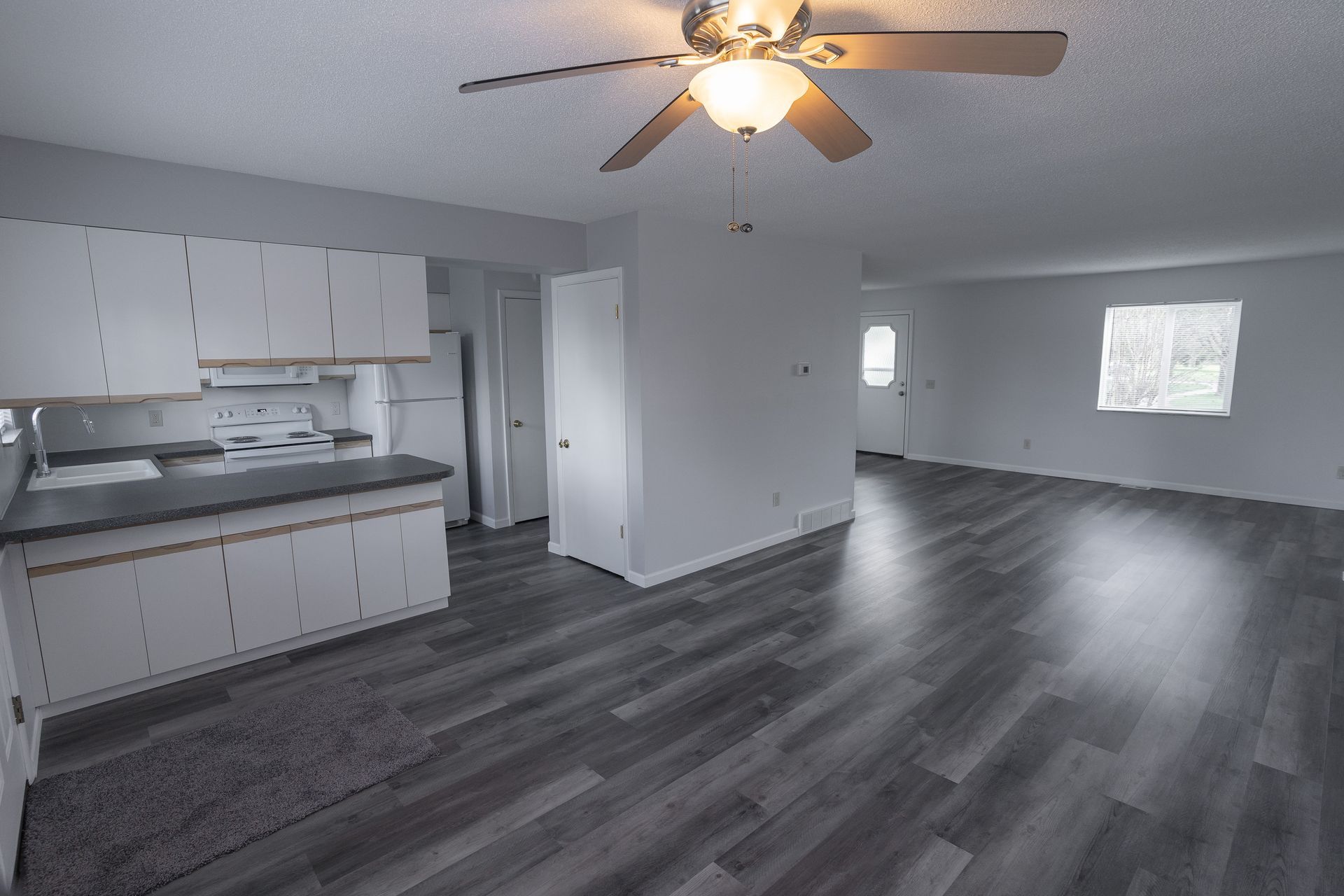 Photo of a living room with plenty of open space, and a kitchen in the background