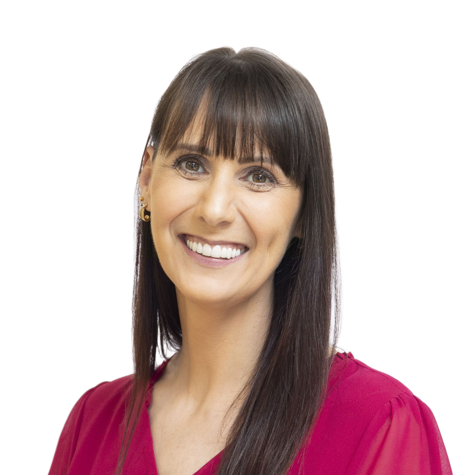 A woman smiling wearing a red shirt
