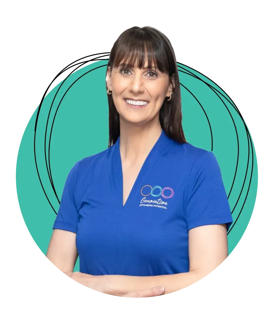 A woman wearing a blue shirt with the word coo on it