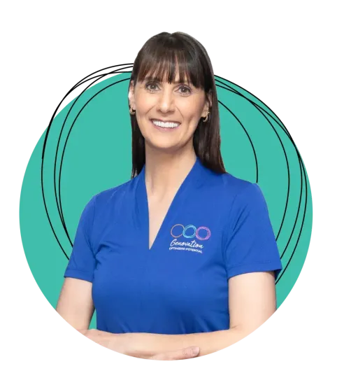 A woman wearing a blue shirt with the word coo on it