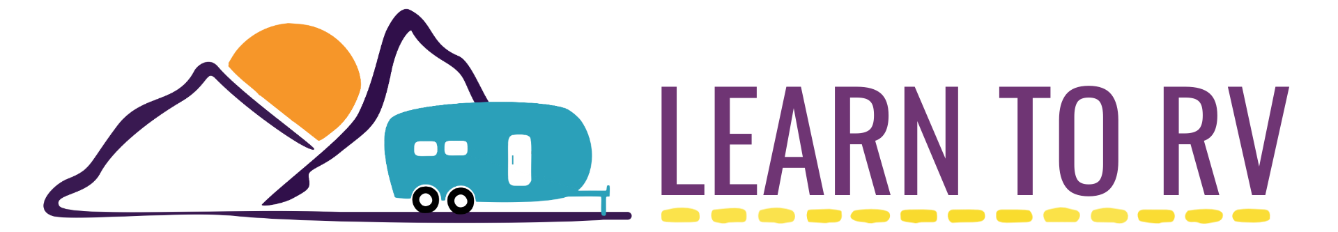 Logo: Mountains, sun, turquoise RV, Learn to RV text.