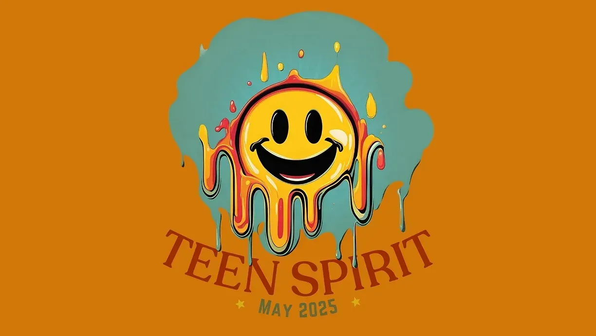 A logo for teen spirit may 2025 with a melting smiley face.