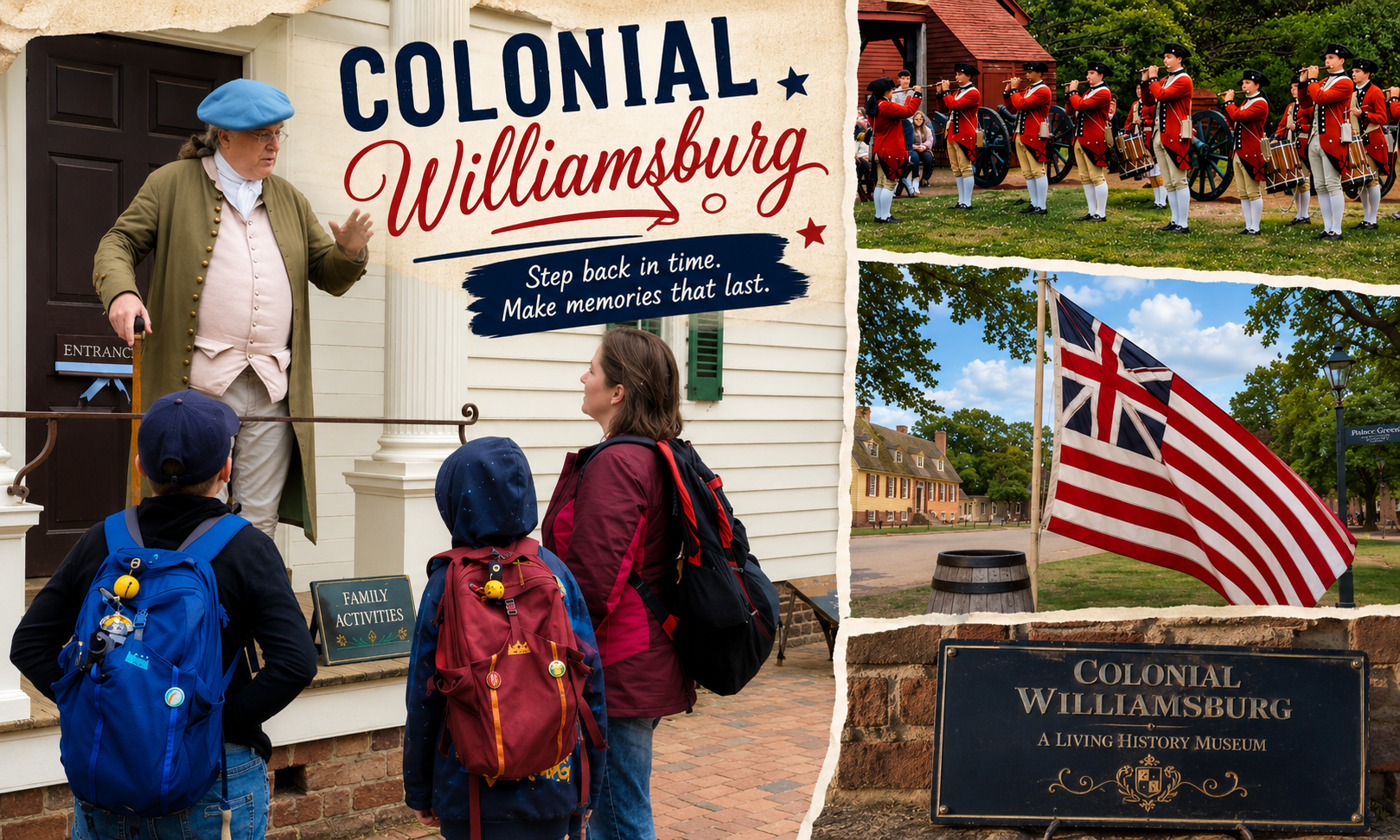 Colonial Williamsburg sign with blue-clad guide and children; inset of marching reenactors and a Union Jack flag.