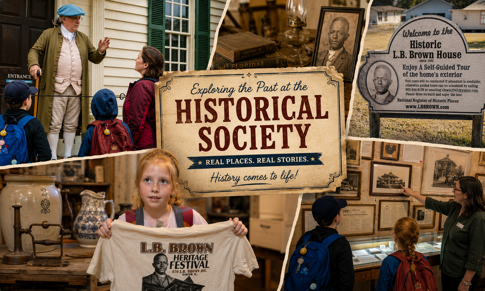 Historical Society exhibit with signs, vintage photos, and visitors, including a child holding a shirt.