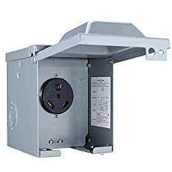 A metal outdoor electrical outlet with a cover open, ready for a 30-amp RV plug.