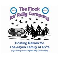 The Flock RV Rally Company logo with a vintage RV, pine trees, stars, and rally hosting text