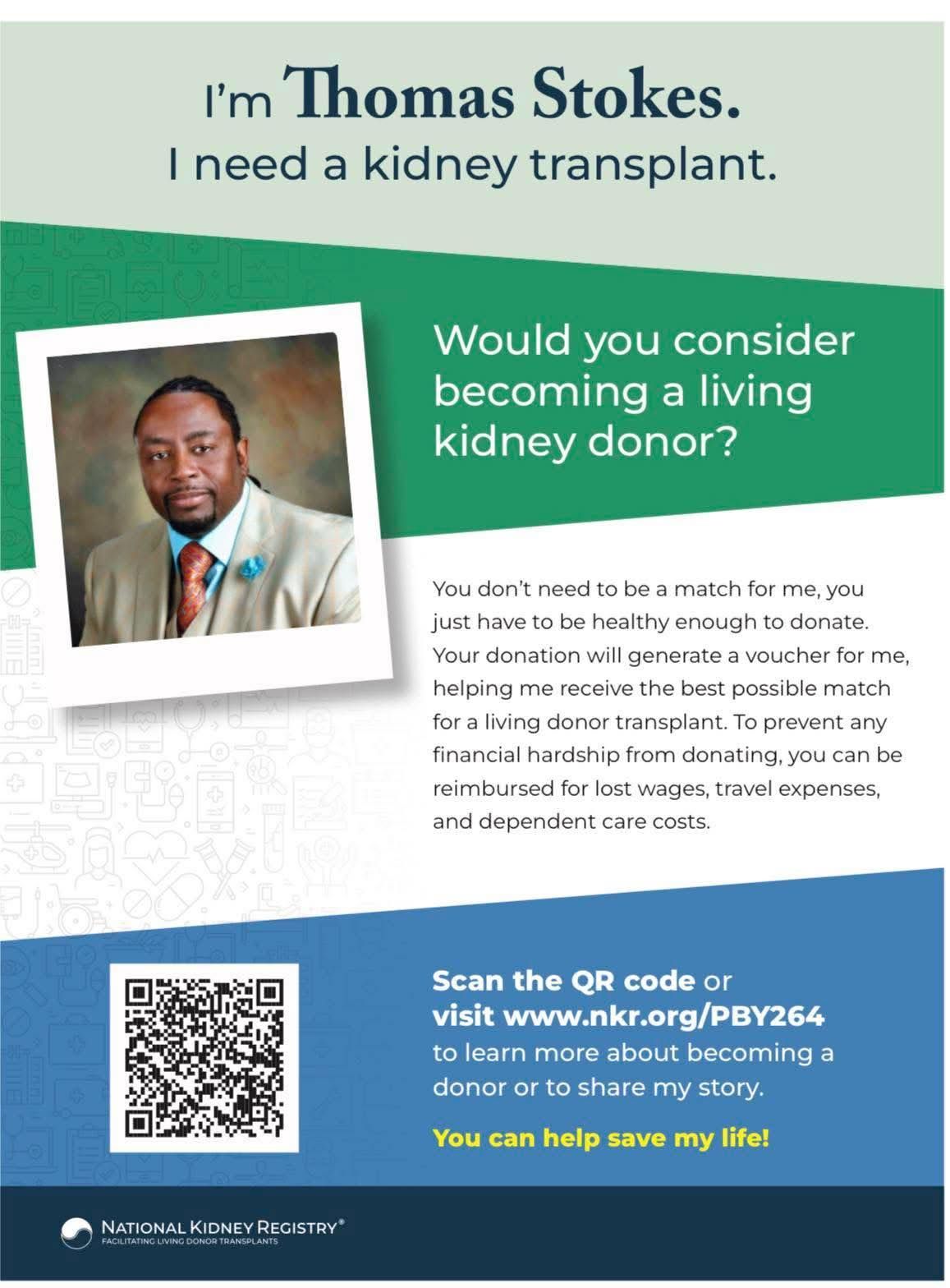 Campaign poster asking for a living kidney donor, with photo, QR code, and blue footer text