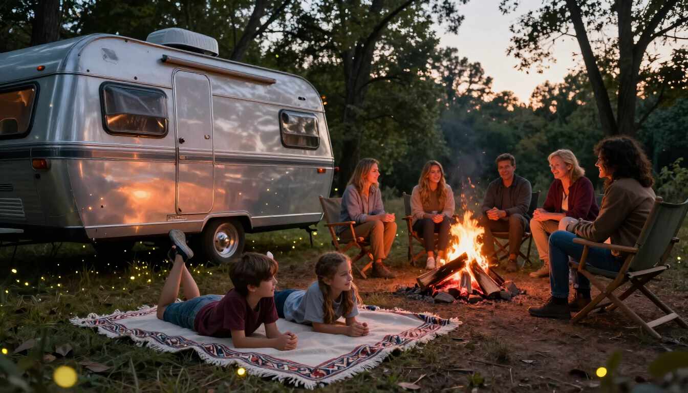 Friends gathered around a campfire beside a silver camper at dusk in a wooded campsite