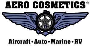 Logo for Aero Cosmetics: Black text above blue wings with a wheel; four industries listed below.