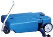 A blue plastic tank with wheels and a handle.