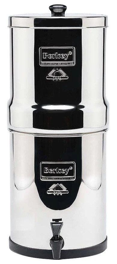 Stainless steel Berkey water filter with black accents.